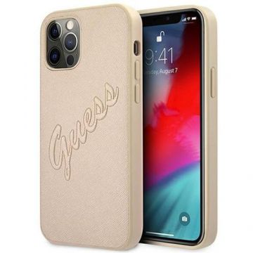 Husa Protectie Spate Guess Saffiano Vintage Script GUHCP12LRSAVSLG pentru iPhone 12 Pro Max (Auriu)