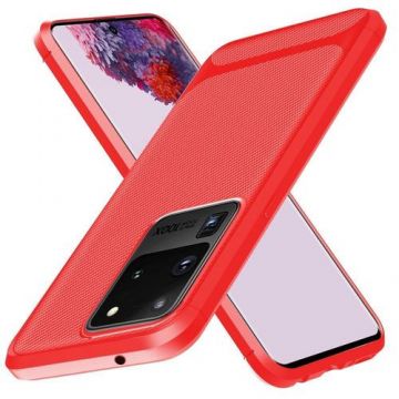 Protectie Spate Enkay Carbon Fiber SYA00920601D pentru Samsung Galaxy S20 Ultra (Rosu)