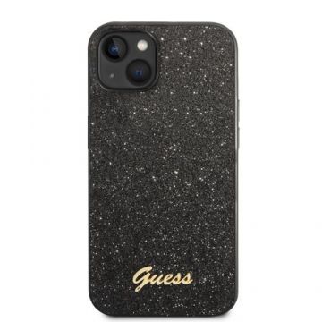 Protectie Spate Guess Glitter Flakes Metal Logo pentru iPhone 14 Plus (Negru)
