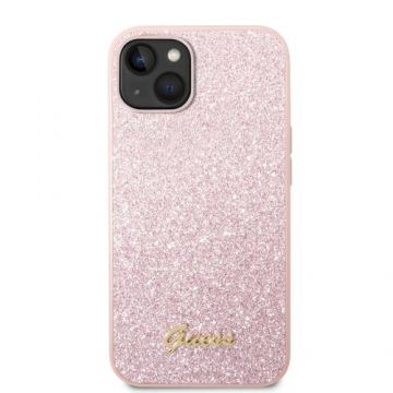 Protectie Spate Guess Glitter Flakes Metal Logo pentru iPhone 14 Plus (Roz)