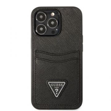 Protectie Spate Guess Saffiano Double Card pentru Apple iPhone 13 Pro (Negru)