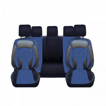 Set huse scaune auto DeluxeBoss, 11 piese, stofa cu piele ecologica, negru cu albastru