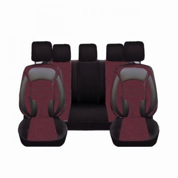 Set huse scaune auto DeluxeBoss, 11 piese, stofa cu piele ecologica, negru cu rosu