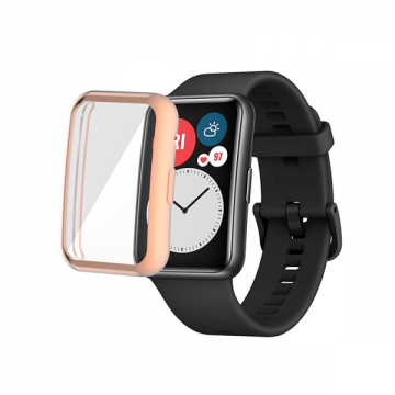 Husa de protectie tip rama cu ecran din silicon electroplacat pentru Huawei Watch Fit rose-gold