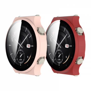 Set 2 huse 2 in 1 pentru smartwatch Huawei GT2 Pro protectie tip rama si ecran de sticla rosu roz