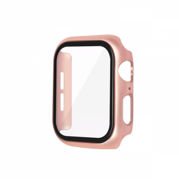 Set 2 in 1 carcasa tip rama ecran si folie de sticla pentru Apple Watch 4 / 5 / 6 series 40mm rose gold