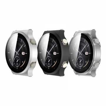 Set 3 huse 2 in 1 pentru smartwatch Huawei GT2 Pro protectie tip rama si ecran de sticla negru argintiu incolor