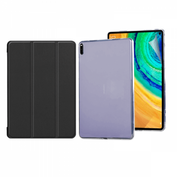 Set 3 in 1 husa carte husa silicon si folie protectie ecran pentru Huawei MatePad 11 2021 10.95inch negru