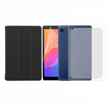 Set 3 in 1 husa carte husa silicon si folie protectie ecran pentru Huawei MatePad T8 8 inch negru