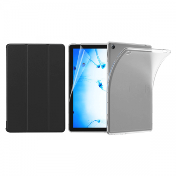 Set 3 in 1 husa carte husa silicon si folie protectie ecran pentru Huawei MediaPad M5 Lite 10.1 inch negru