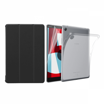 Set 3 in 1 husa carte husa silicon si folie protectie ecran pentru Huawei MediaPad M5 / M5 Pro 10.8 inch negru