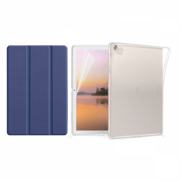 Set 3 in 1 husa carte husa silicon si folie protectie ecran pentru Huawei MediaPad M6 10.8 inch albastru inchis
