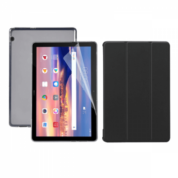 Set 3 in 1 husa carte husa silicon si folie protectie ecran pentru Huawei MediaPad T3 10 9.6 inch negru