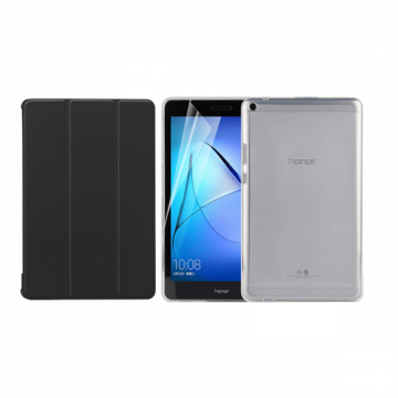 Set 3 in 1 husa carte husa silicon si folie protectie ecran pentru Huawei MediaPad T3 8 8 Inch negru