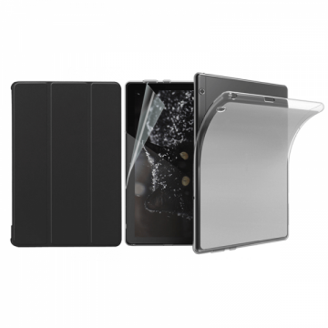 Set 3 in 1 husa carte husa silicon si folie protectie ecran pentru Huawei MediaPad T5 10.1 inch negru