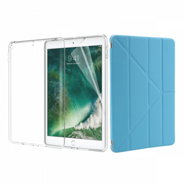 Set 3 in 1 husa carte husa silicon si folie protectie ecran pentru iPad 9.7 inch 2017 / 2018 / A1893 / A1954 / A1822 / A1823 azuriu