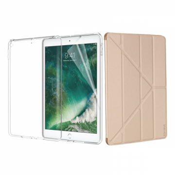 Set 3 in 1 husa carte husa silicon si folie protectie ecran pentru iPad Mini 5 2019 A2124 / A2125 / A2126 / A2133 auriu
