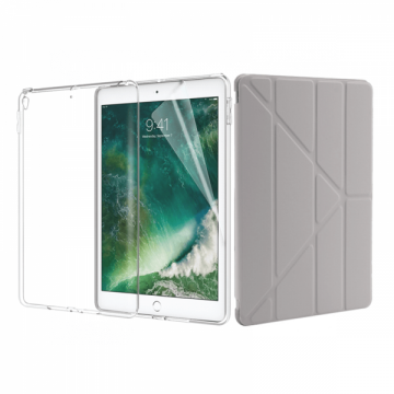 Set 3 in 1 husa carte husa silicon si folie protectie ecran pentru iPad Pro 10.5 / Air 3 A1701 / A1709 / A2152 / A2123 / A2153 / A2154 gri