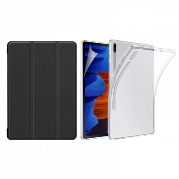 Set 3 in 1 husa carte husa silicon si folie protectie ecran pentru Samsung Galaxy Tab S7 FE T730/ T736B / S7 plus T970 / T976 12.4 inch negru