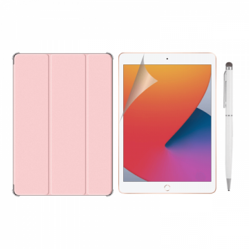 Set 3 in 1 pentru iPad 8 10.2 inch 2020 / iPad 7 10.2 inch cu husa carte folie protectie ecran si stylus A2428 / A2429 / A2430 / A2270 / A2200 / A2198 / A2197 roz