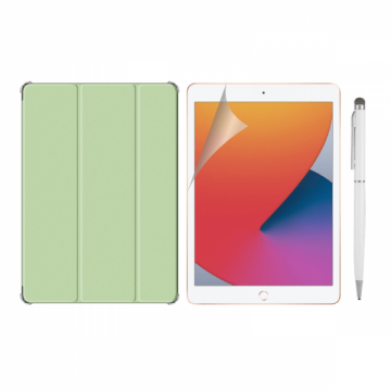 Set 3 in 1 pentru iPad 8 10.2 inch 2020 / iPad 7 10.2 inch cu husa carte folie protectie ecran si stylus A2428 / A2429 / A2430 / A2270 / A2200 / A2198 / A2197 verde