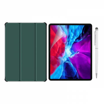 Set 3 in 1 pentru iPad Pro 12.9 2021 - 2018 cu husa carte folie protectie ecran si stylus A2379 / A2461 / A2462 / A2069 / A2232 / A2233 / A2229 / A1876 / A2014 / A1895 / A1983 verde inchis