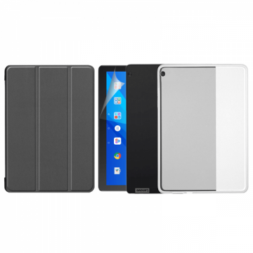 Set 3 in 1pentru Lenovo Tab M10 TB-X505L 10.1 inch cu husa carte husa silicon si folie protectie ecran negru