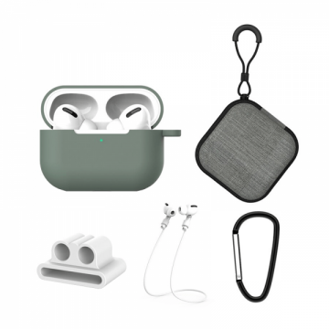 Set 5 in 1 accesorii din silicon si carcasa din tesatura pentru Airpods 3 / Pro verde