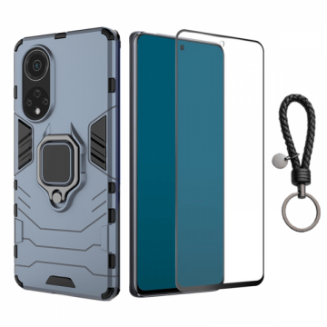 Set protectie 2 in 1 pentru Huawei Nova 9 cu husa hybrid antisoc cu stand inel si folie sticla ceramica fullsize si breloc cadou dark blue