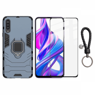 Set protectie 2 in 1 pentru Huawei P Smart Pro 2019/ Honor 9X PRO cu husa hybrid antisoc cu stand inel si folie sticla ceramica fullsize si breloc cadou dark blue