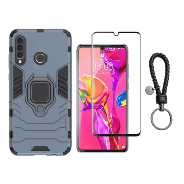 Set protectie 2 in 1 pentru Huawei P30 Lite cu husa hybrid antisoc cu stand inel si folie sticla ceramica fullsize si breloc cadou dark blue