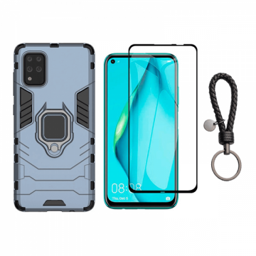 Set protectie 2 in 1 pentru Huawei P40 Lite cu husa hybrid antisoc cu stand inel si folie sticla ceramica fullsize si breloc cadou dark blue