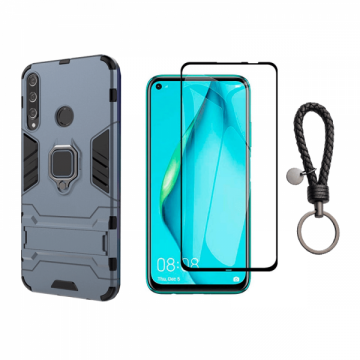 Set protectie 2 in 1 pentru Huawei P40 Lite E cu husa hybrid antisoc cu stand inel si folie sticla ceramica fullsize si breloc cadou dark blue