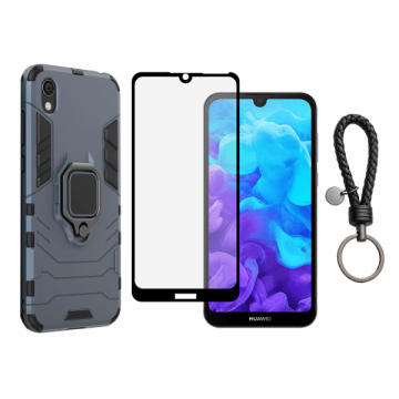 Set protectie 2 in 1 pentru Huawei Y5 2019 cu husa hybrid antisoc cu stand inel si folie sticla fullsize si breloc cadou dark blue