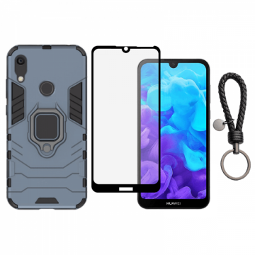 Set protectie 2 in 1 pentru Huawei Y6S 2019 cu husa hybrid antisoc cu stand inel si folie sticla ceramica fullsize si breloc cadou dark blue