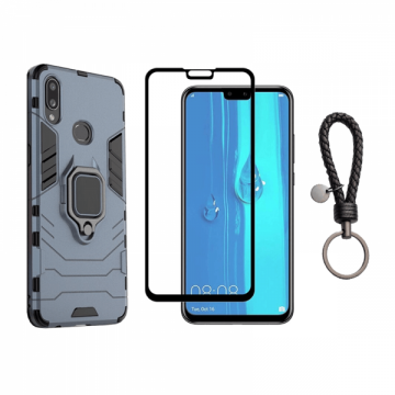 Set protectie 2 in 1 pentru Huawei Y9 2019 cu husa hybrid antisoc cu stand inel si folie sticla fullsize si breloc cadou dark blue
