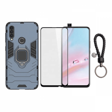 Set protectie 2 in 1 pentru Huawei Y9 Prime 2019 cu husa hybrid antisoc cu stand inel si folie sticla fullsize si breloc cadou dark blue