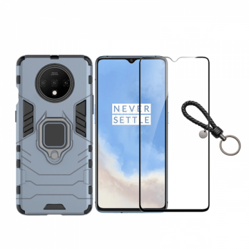 Set protectie 2 in 1 pentru OnePlus 7T cu husa hybrid antisoc cu stand inel si folie sticla ceramica fullsize si breloc cadou dark blue