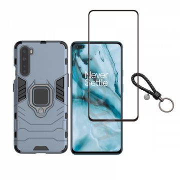 Set protectie 2 in 1 pentru OnePlus Nord cu husa hybrid antisoc cu stand inel si folie sticla ceramica fullsize si breloc cadou dark blue