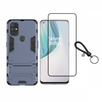 Set protectie 2 in 1 pentru OnePlus Nord N10 5G cu husa hybrid antisoc cu stand inel si folie sticla fullsize si breloc cadou dark blue