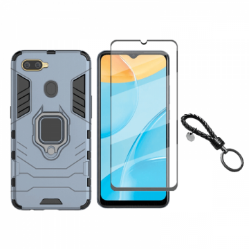 Set protectie 2 in 1 pentru Oppo A12 cu husa hybrid antisoc cu stand inel si folie sticla ceramica fullsize si breloc cadou dark blue