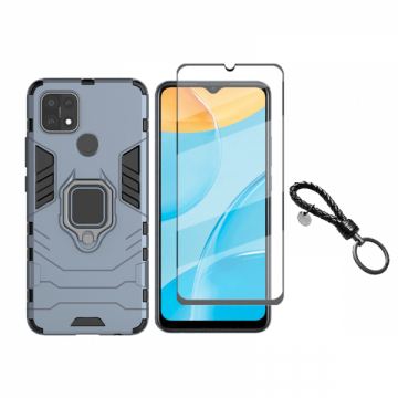 Set protectie 2 in 1 pentru Oppo A15 / A15S cu husa hybrid antisoc cu stand inel si folie sticla ceramica fullsize si breloc cadou dark blue