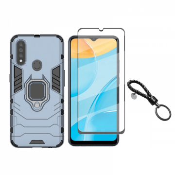 Set protectie 2 in 1 pentru Oppo A31 cu husa hybrid antisoc cu stand inel si folie sticla ceramica fullsize si breloc cadou dark blue