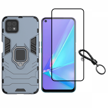 Set protectie 2 in 1 pentru Oppo A72 5G cu husa hybrid antisoc cu stand inel si folie sticla ceramica fullsize si breloc cadou dark blue