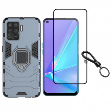 Set protectie 2 in 1 pentru Oppo A94 4G/ Reno 5 Lite cu husa hybrid antisoc cu stand inel si folie sticla ceramica fullsize si breloc cadou dark blue