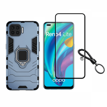 Set protectie 2 in 1 pentru Oppo F17 Pro / Reno 4 Lite cu husa hybrid antisoc cu stand inel si folie sticla ceramica fullsize si breloc cadou dark blue