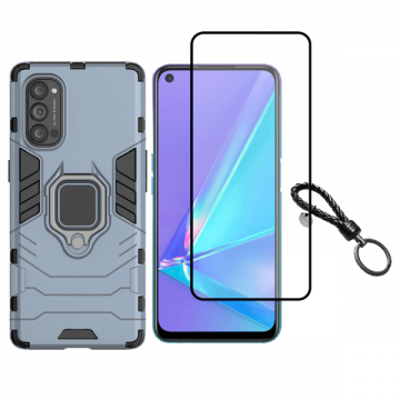 Set protectie 2 in 1 pentru Oppo Find X3 Lite / Reno 5 4G / 5G cu husa hybrid antisoc cu stand inel si folie sticla ceramica fullsize si breloc cadou dark blue