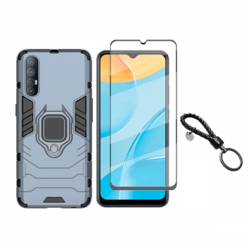 Set protectie 2 in 1 pentru Oppo Reno 3 Pro cu husa hybrid antisoc cu stand inel si folie sticla ceramica fullsize si breloc cadou dark blue