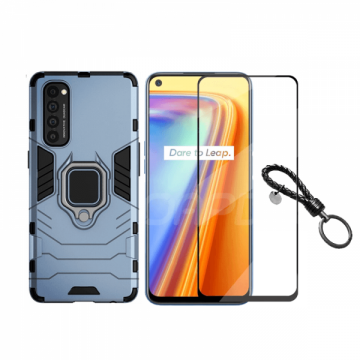 Set protectie 2 in 1 pentru Oppo Reno 4 Pro cu husa hybrid antisoc cu stand inel si folie sticla ceramica fullsize si breloc cadou dark blue