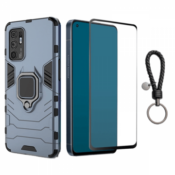 Set protectie 2 in 1 pentru Oppo Reno 6 cu husa hybrid antisoc cu stand inel si folie sticla ceramica fullsize si breloc cadou dark blue